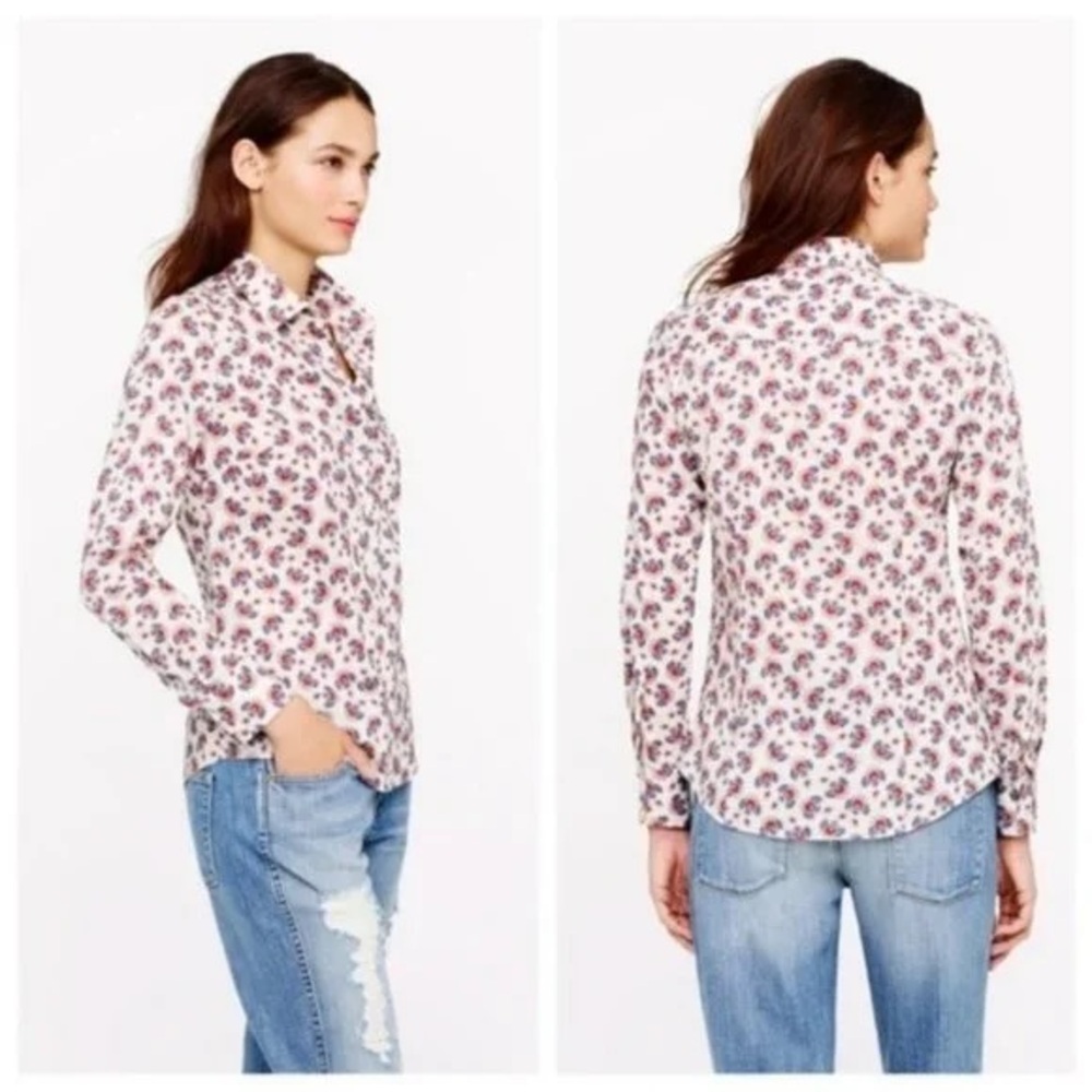 J Crew Cotton White Red Blue Perfect Paisley Long Sleeve Button Front Shirt Sz 4